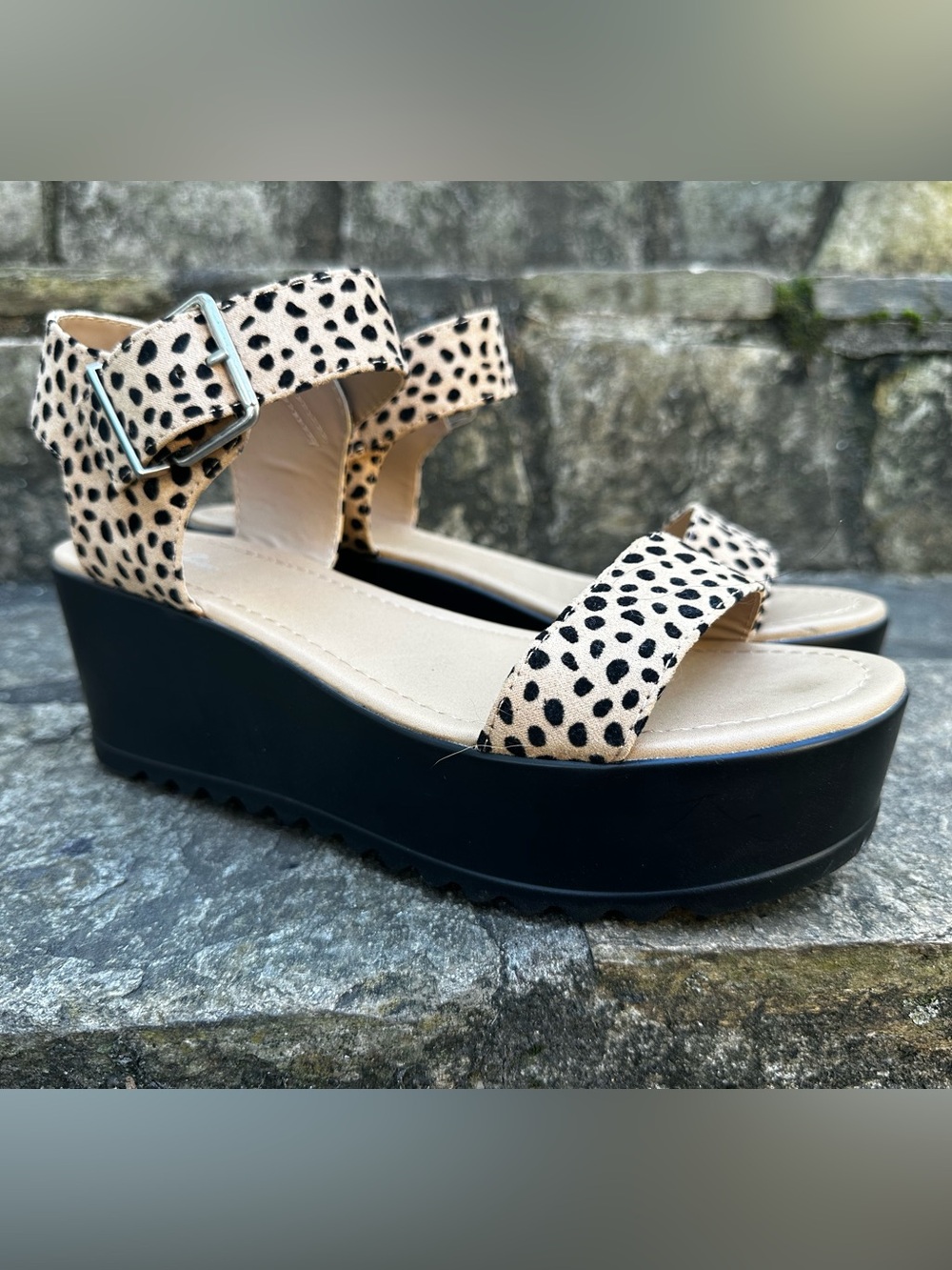 Spotted Beige Platform Sandal with Black Sole